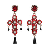 Over-sized Jeweled Cross Drop Earrings